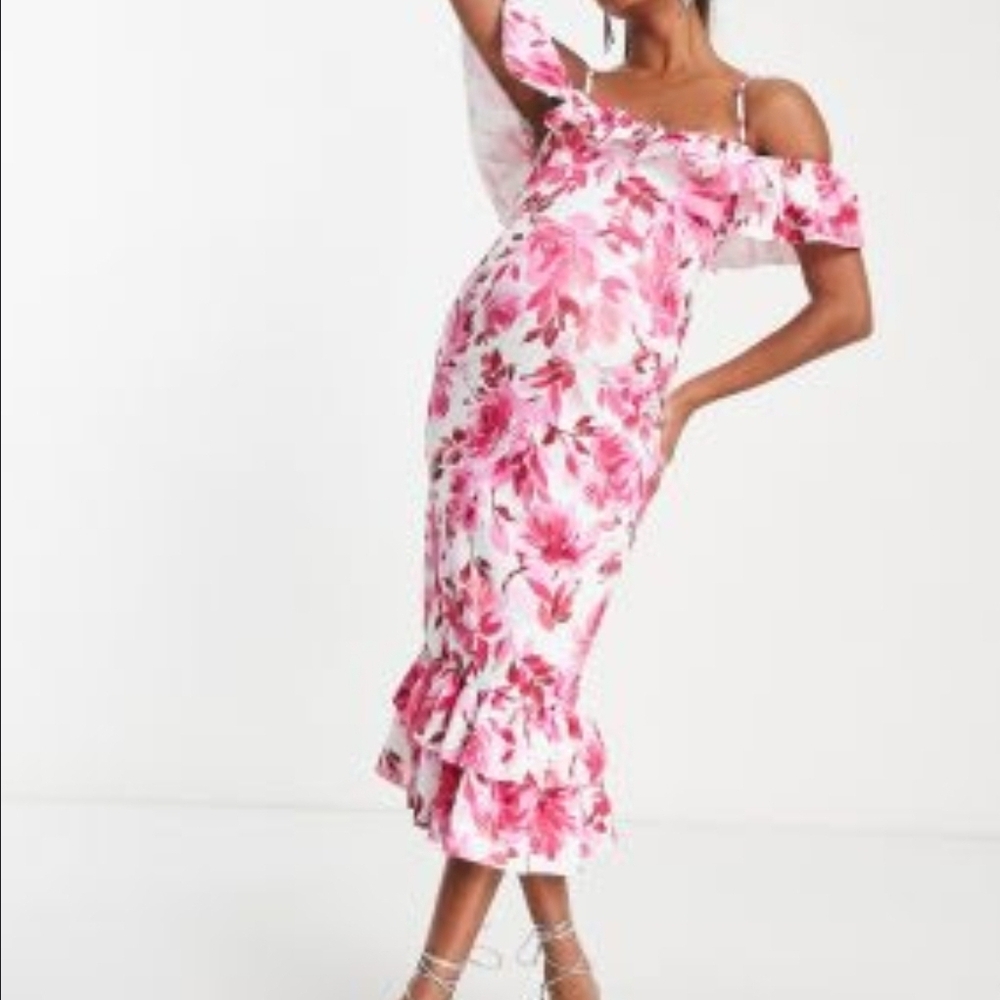ASOS Maternity Ruffle Floral Pink Off-Shoulder Midi Dress
